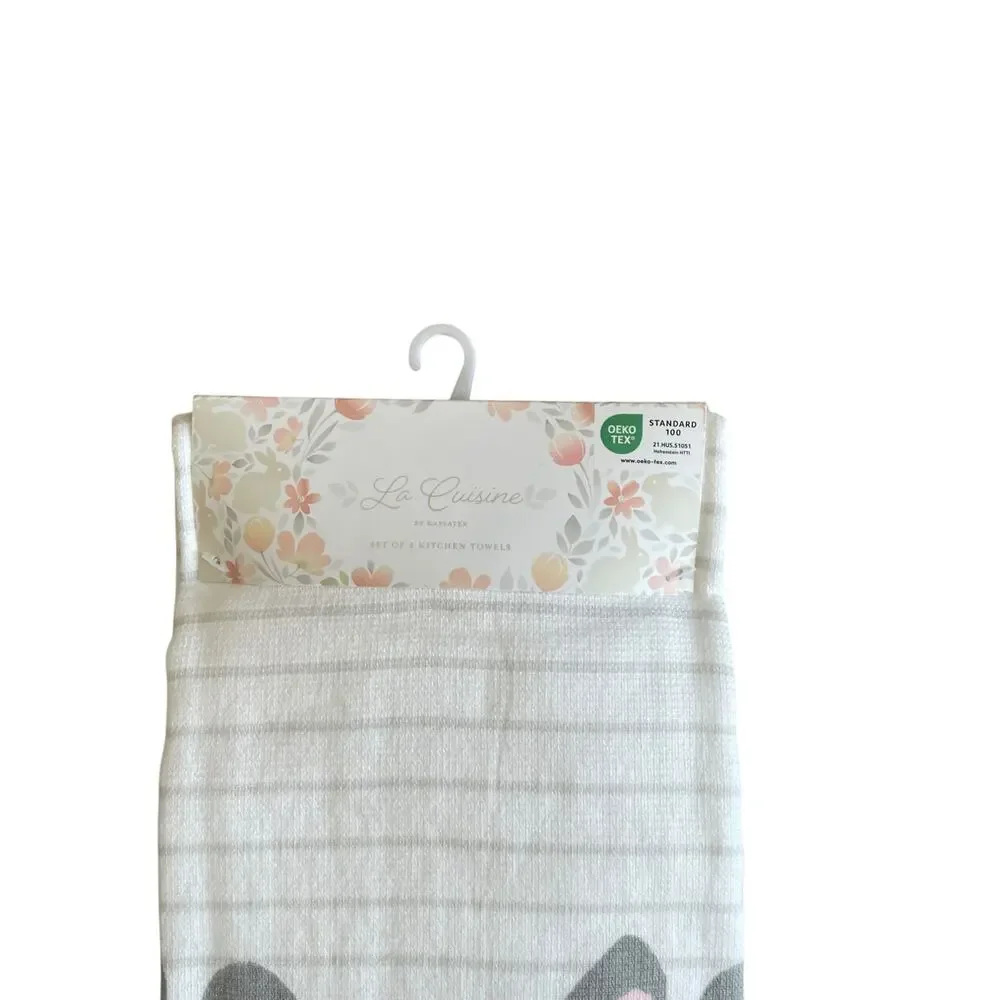 La Cuisine EASTER Bunny Cotton Kitchen Towels Set of 4 Gray & White Stripe New